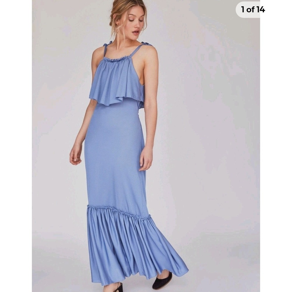 FREE PEOPLE Maxi Dress‎ Womens XS periwinkle Blue Ruffle Halter Tiered OB821132